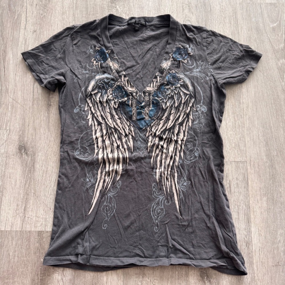 Brad Butter Y2K Angel Wings AOP Blue Rose Graphic V-Neck Tee Gray XL